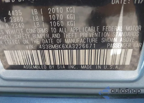 2010 Subaru Legacy 2.5I Limited from USA, damaged, VIN 4S3BMBK6XA3226671